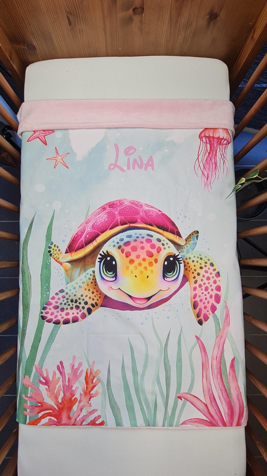 Couverture Plaid Tortue de Mer Rose | 70cm x 95cm | Couleur minky au choix