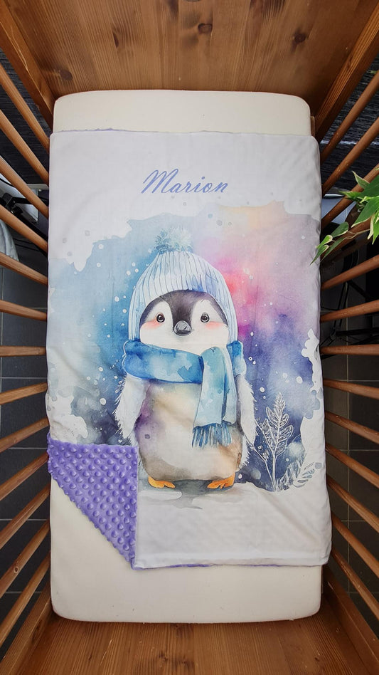 Couverture Plaid Pingouin Arctique | 70cm x 95cm | Couleur minky au choix