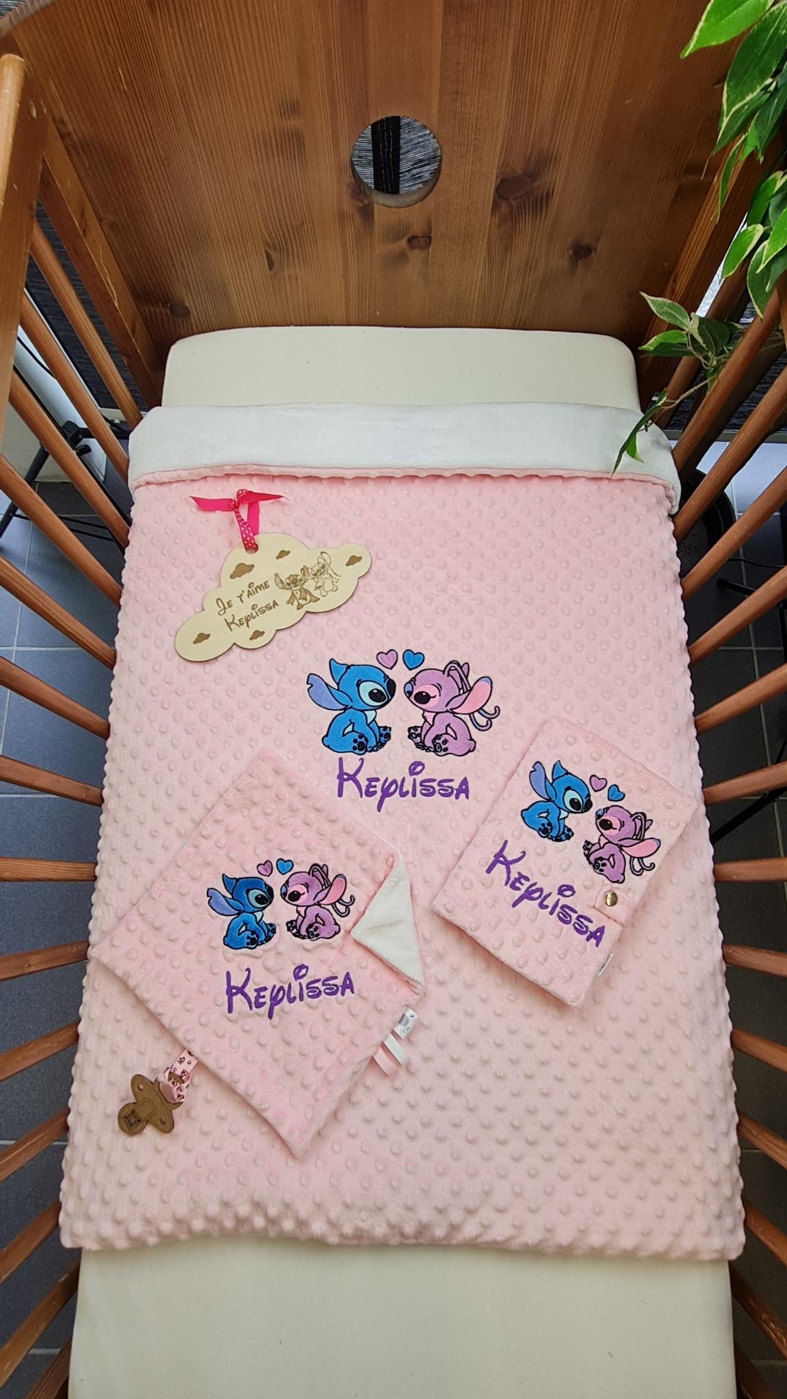 Pack Bébé Personnalisé | Couverture + Doudou 30cm + Protège carnet assortis | Fille | Minky