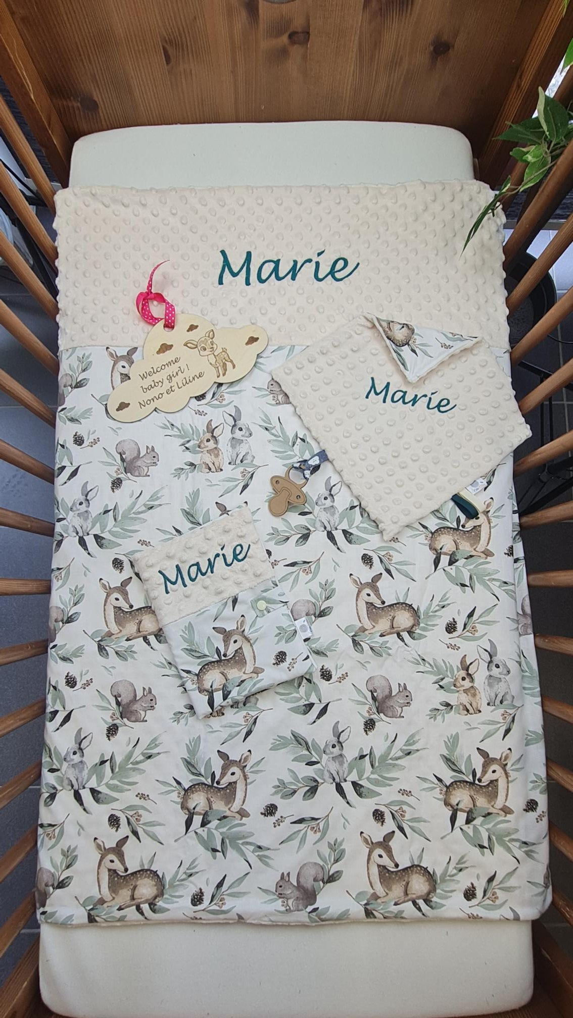 Pack Bébé Personnalisé | Couverture + Doudou 30cm + Protège carnet assortis | Fille | Coton