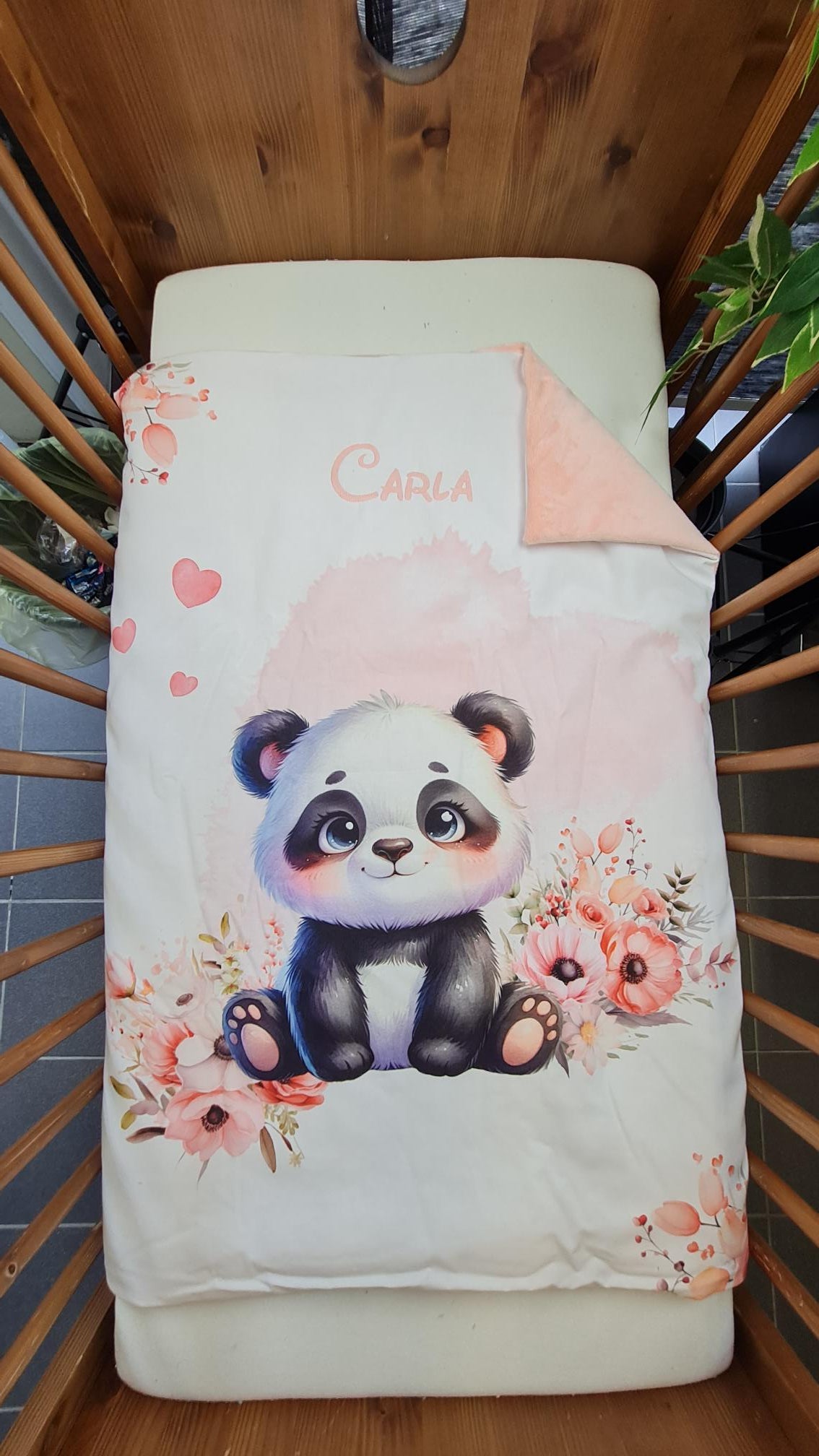 Couverture Plaid Bébé Panda Rose Fleurs Cœurs | 70cm x 95cm | A Personnaliser