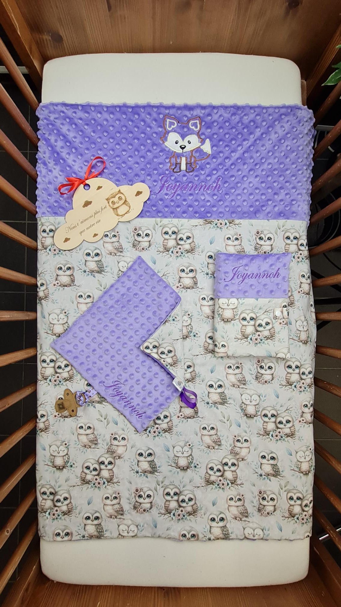 Pack Bébé Personnalisé | Couverture + Doudou 30cm + Protège carnet assortis | Fille | Coton