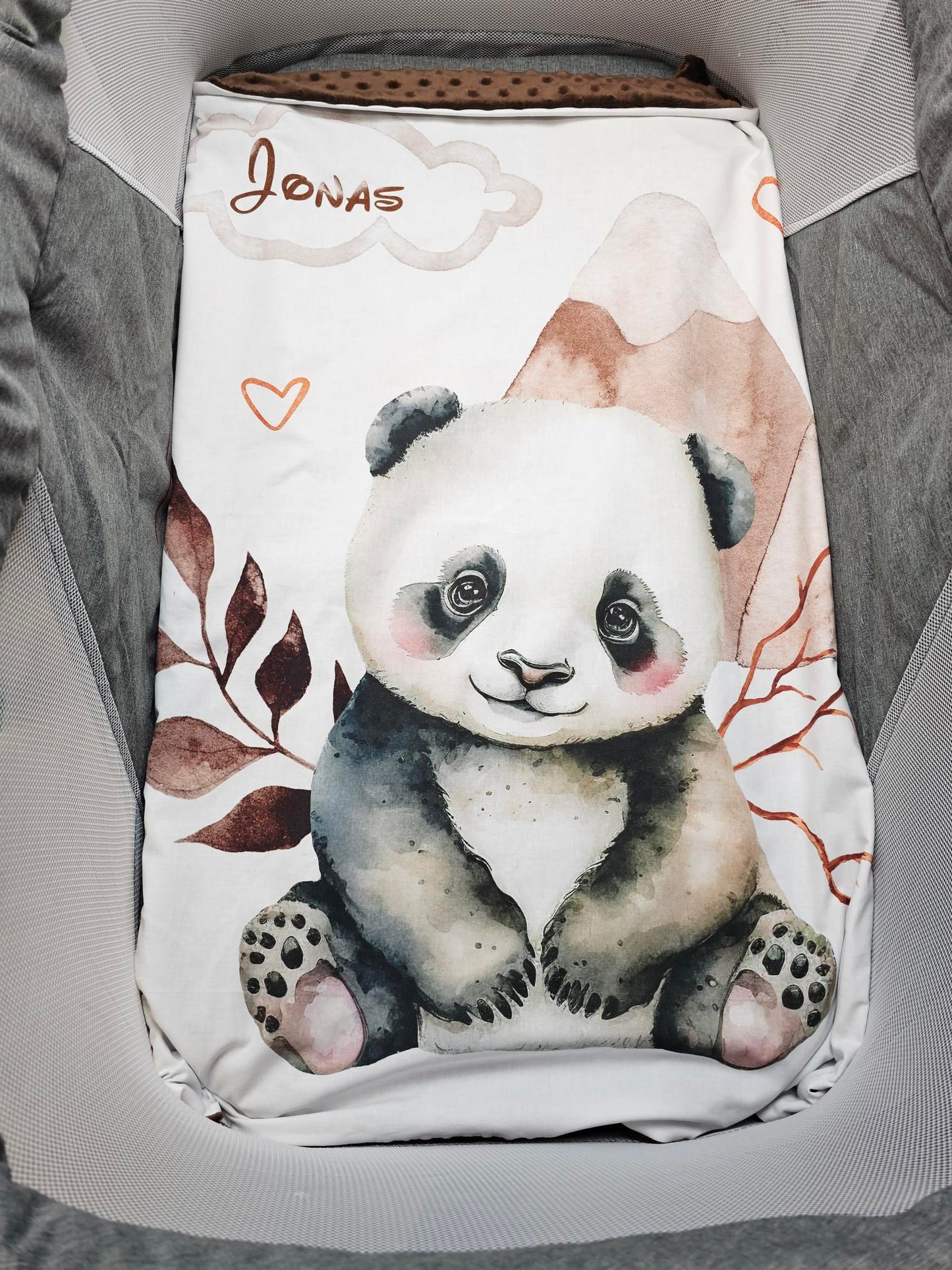 Couverture Plaid Bébé Panda Montagne | 70cm x 95cm | Couleur minky au choix