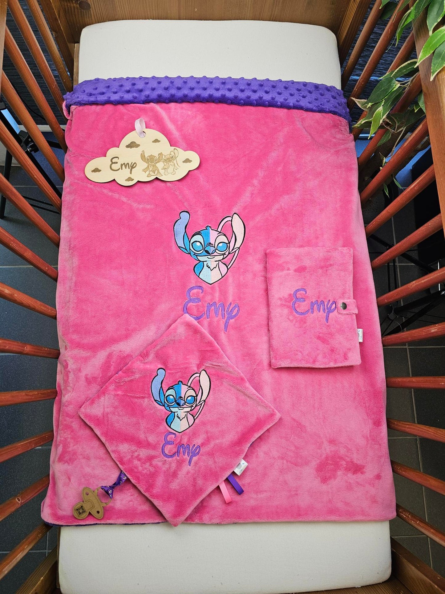 Pack Bébé Personnalisé | Couverture + Doudou 30cm + Protège carnet assortis | Fille | Minky