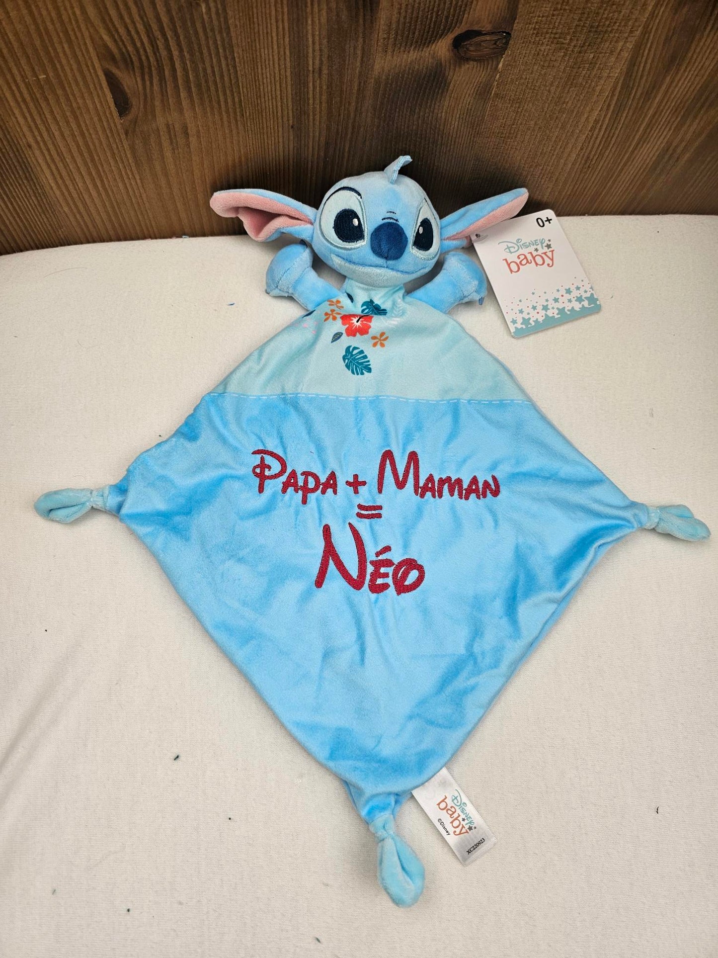 Doudou Mouchoir Disney Stitch Fleur Bleu 22cm | Avec prénom brodé