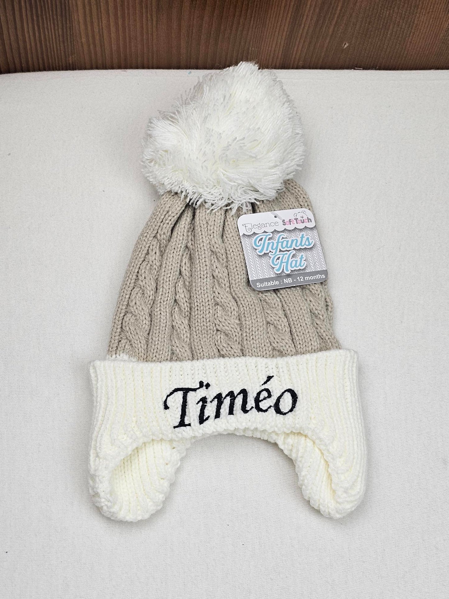 Bonnet Pompon Couvre Oreilles Café | 0 à 12 mois | Avec Prénom Brodé