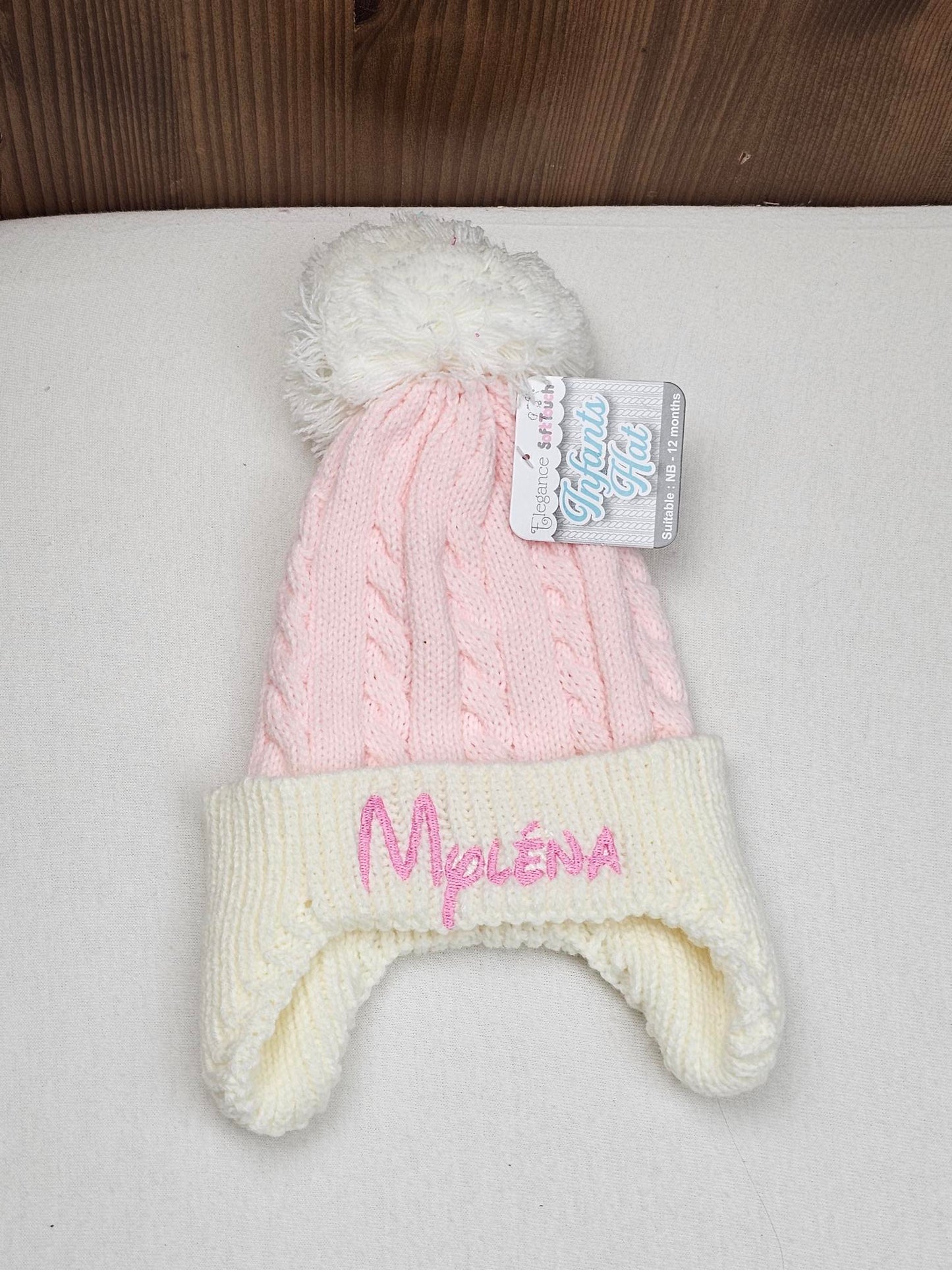 Bonnet Pompon Couvre Oreilles Rose | 0 à 12 mois | Avec Prénom Brodé