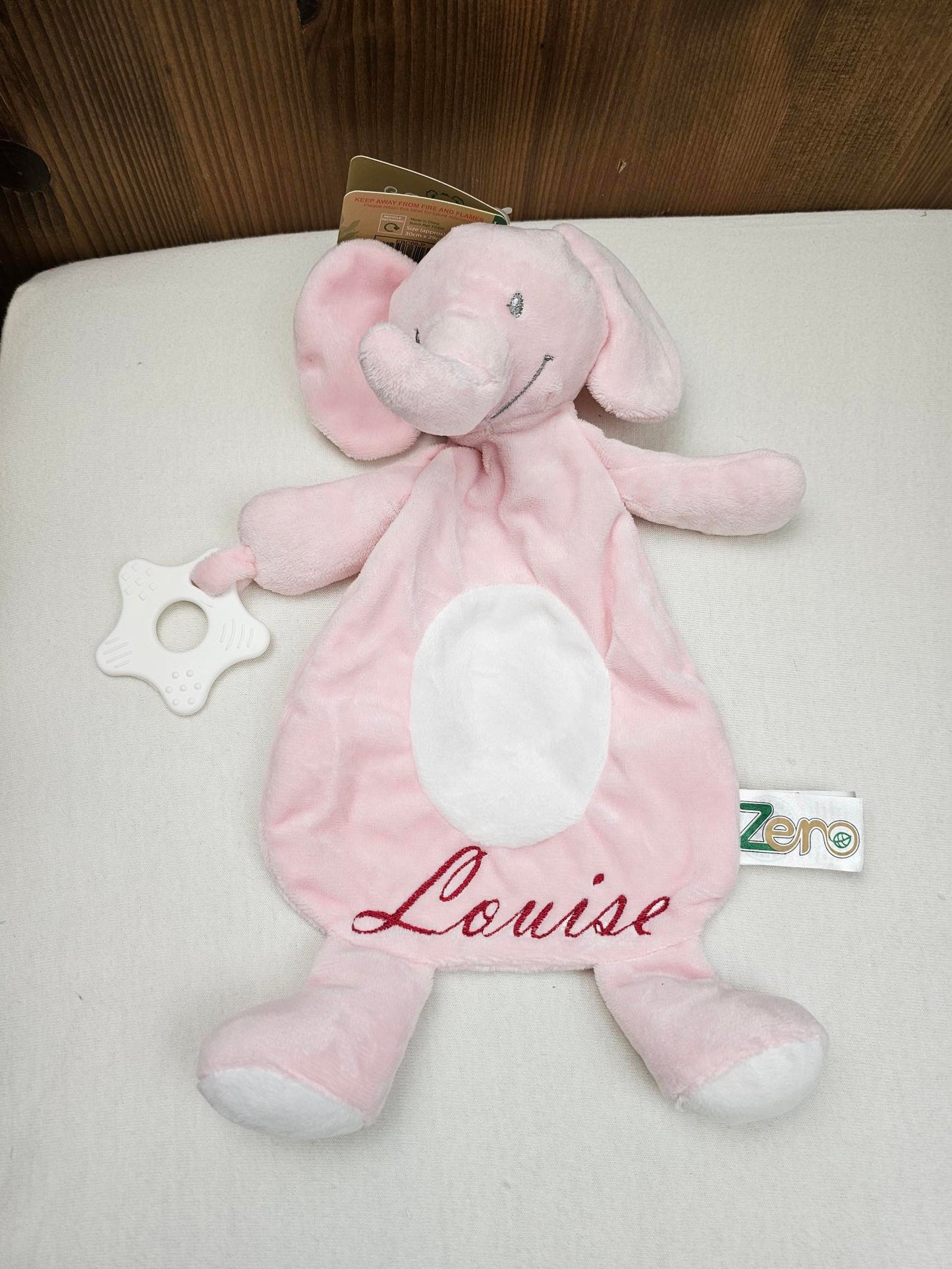 Doudou Eléphant 28cm Rose Avec Anneau de Dentition | Prénom Brodé
