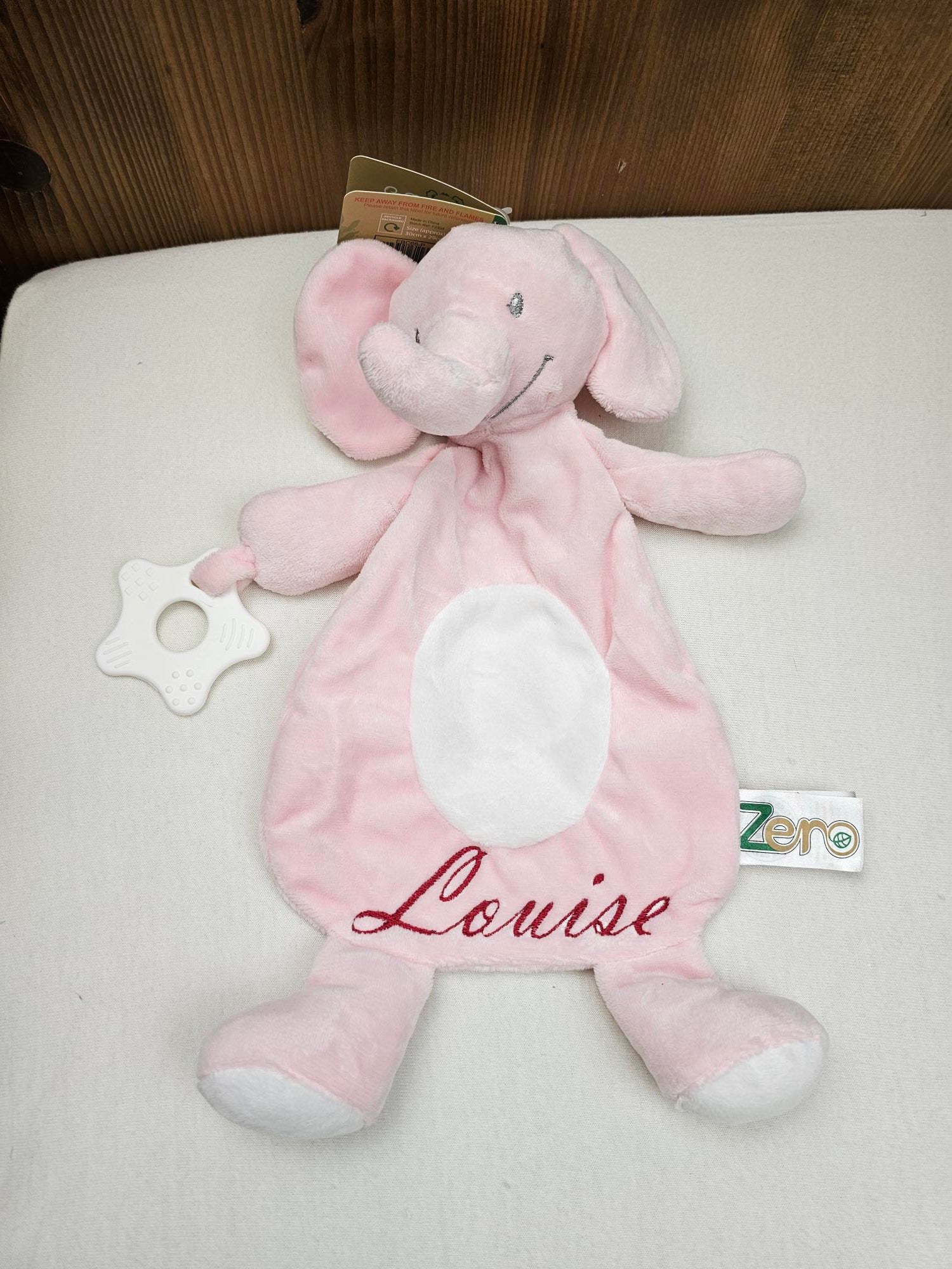 Doudou Eléphant 28cm Rose Avec Anneau de Dentition | Prénom Brodé