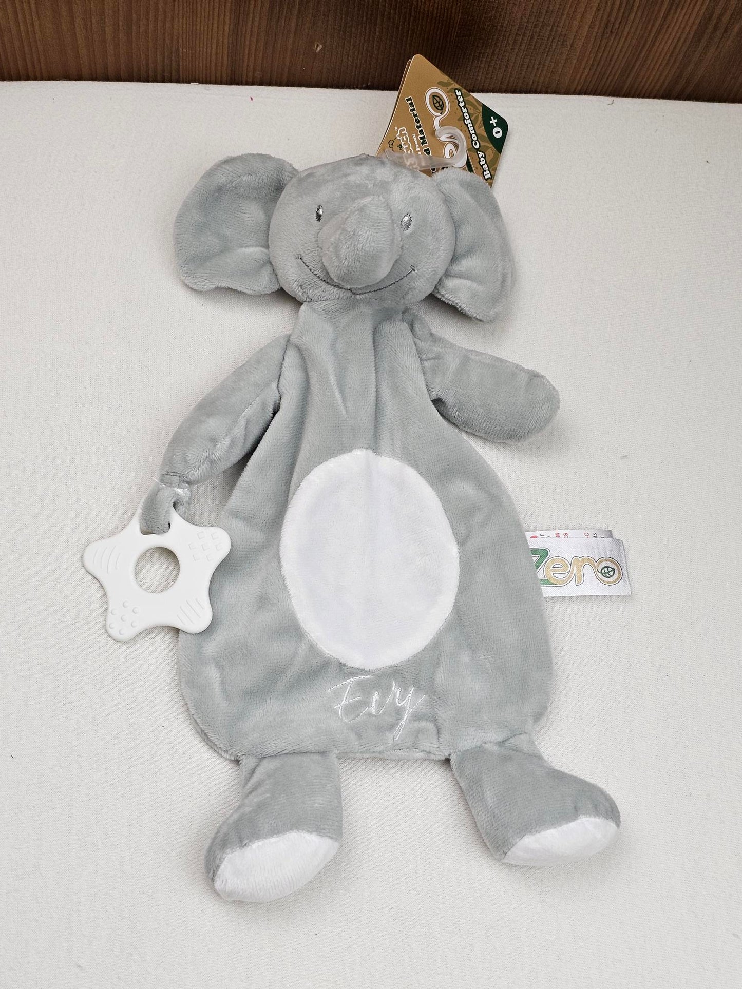 Doudou Eléphant 28cm Gris Avec Anneau de Dentition | Prénom Brodé