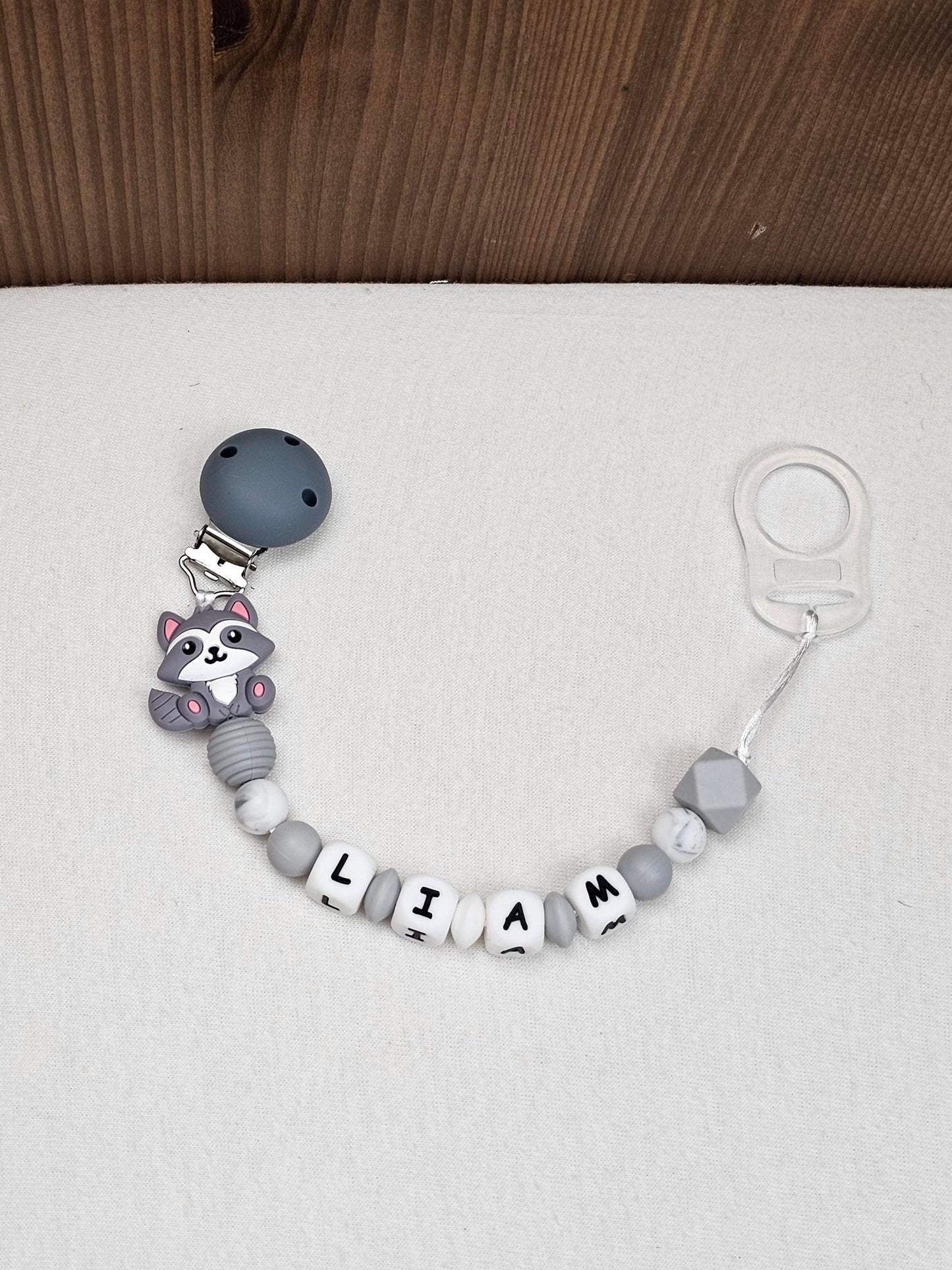 Attache Sucette A Perles En Silicone | Prénom Personnalisée | Raton Laveur