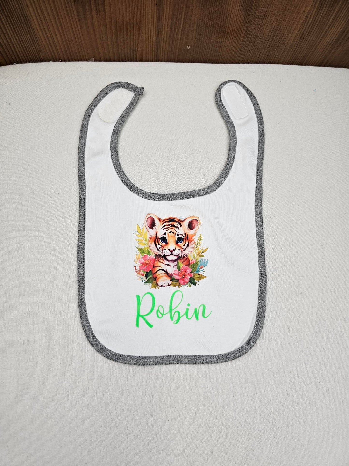 Bavoir Coton bébé blanc/gris chiné personnalisé | Taille Unique | Figurine au choix - Calincaline.be