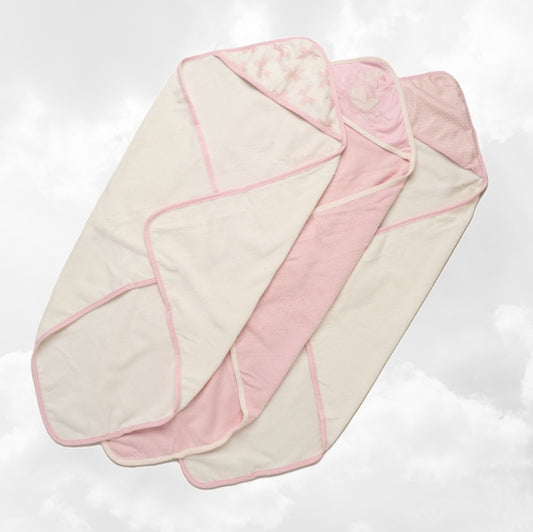 Trio Capes de bain Noeud Rose 0-3 ans | 71cm x 71cm | Prénom Brodé