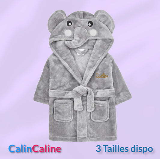Peignoir éléphant enfant | Gris | Personnalisé avec prénom | 3 tailles