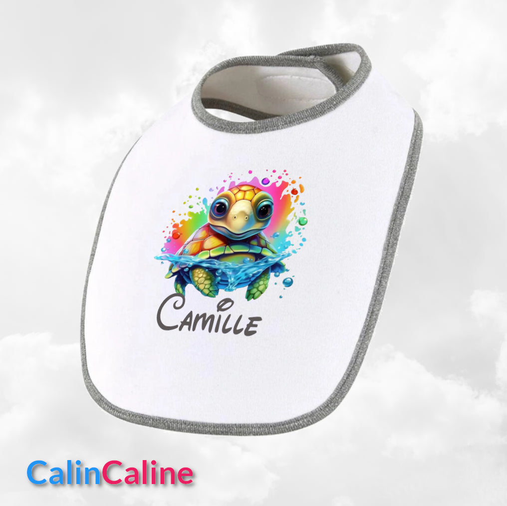 Bavoir Coton bébé blanc/gris chiné personnalisé | Taille Unique | Figurine au choix