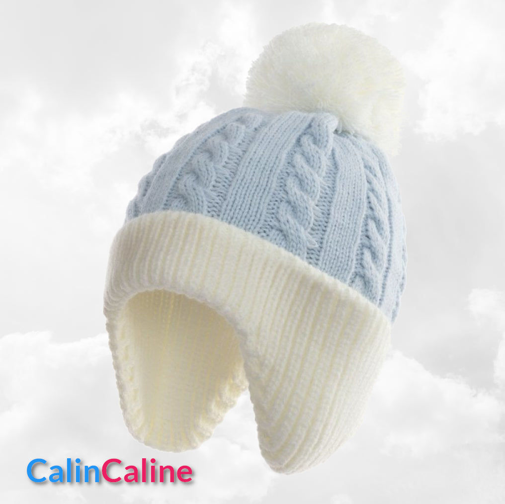 Bonnet Pompon Couvre Oreilles Bleu | 0 à 12 mois | Avec Prénom Brodé