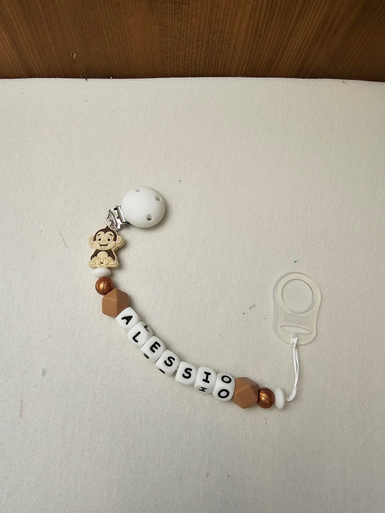 Attache Sucette A Perles En Silicone | Prénom Personnalisée | Singe - Calincaline.be