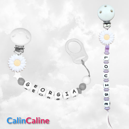 Attache Sucette A Perles En Silicone | Prénom Personnalisée | Fleur Blanche