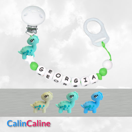 Attache Sucette A Perles En Silicone | Prénom Personnalisée | Dinosaure