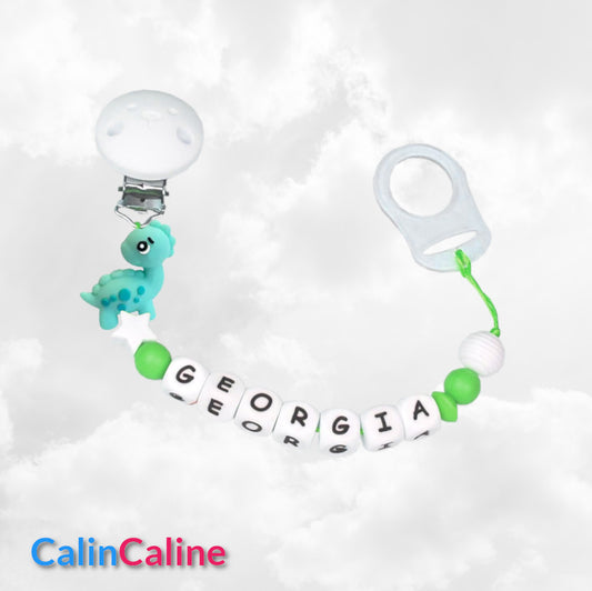 Attache Sucette A Perles En Silicone | Prénom Personnalisée | Dinosaure