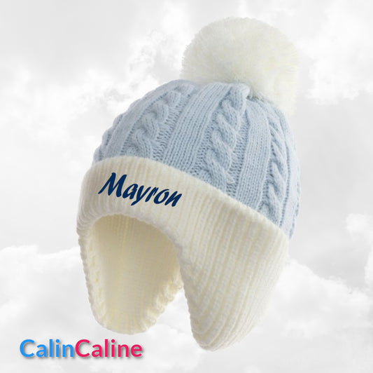 Bonnet Pompon Couvre Oreilles Bleu | 0 à 12 mois | Avec Prénom Brodé