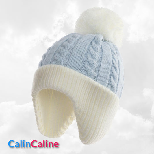 Bonnet Pompon Couvre Oreilles Bleu | 0 à 12 mois | Avec Prénom Brodé