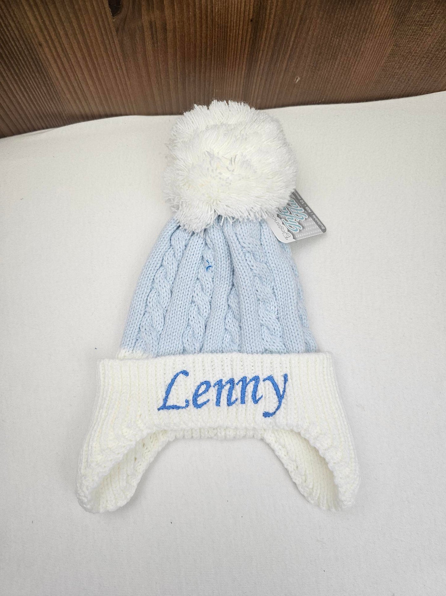 Bonnet Pompon Couvre Oreilles Bleu | 0 à 12 mois | Avec Prénom Brodé