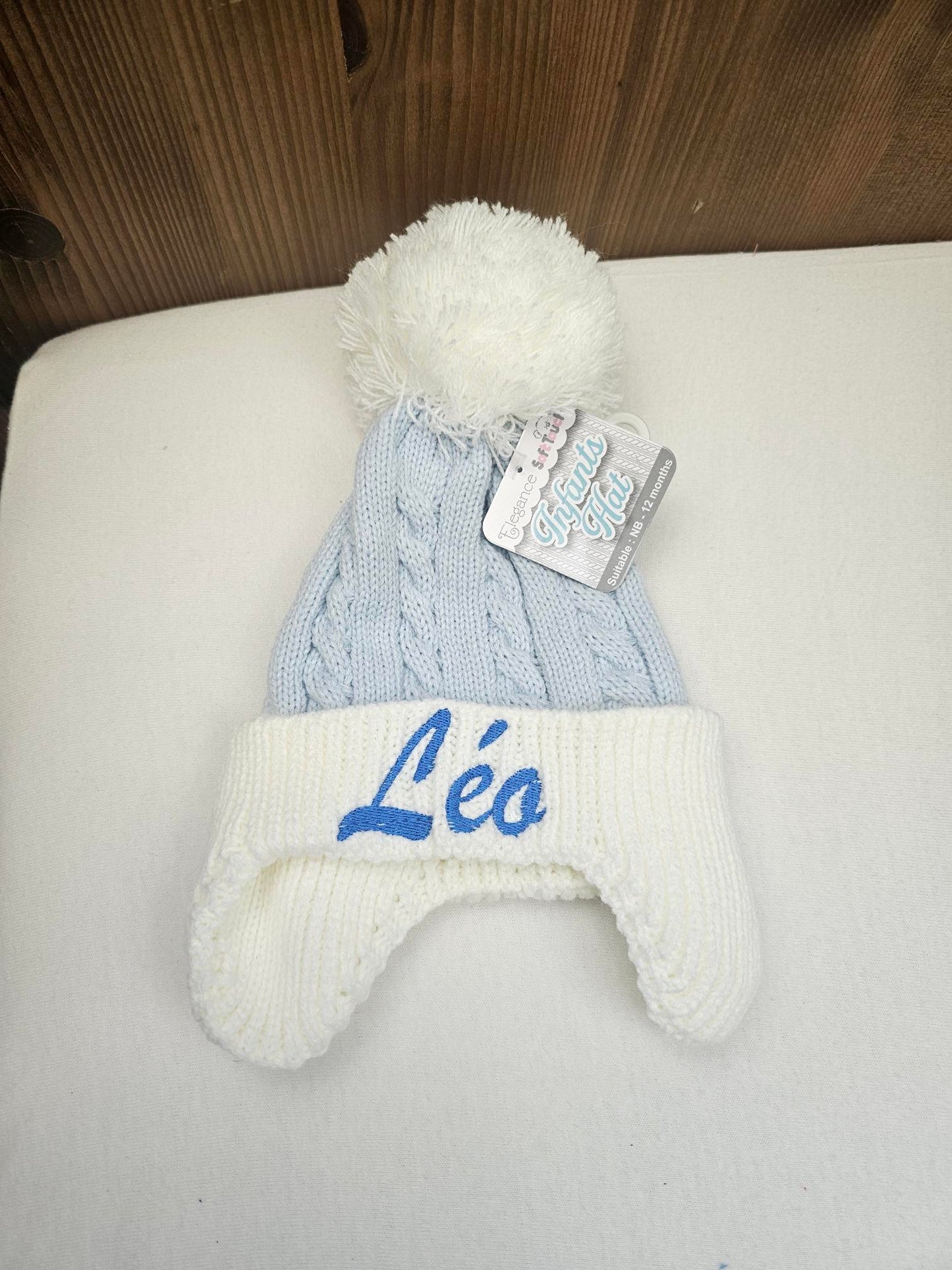 Bonnet Pompon Couvre Oreilles Bleu | 0 à 12 mois | Avec Prénom Brodé
