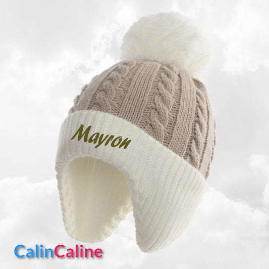 Bonnet Pompon Couvre Oreilles Café | 0 à 12 mois | Avec Prénom Brodé