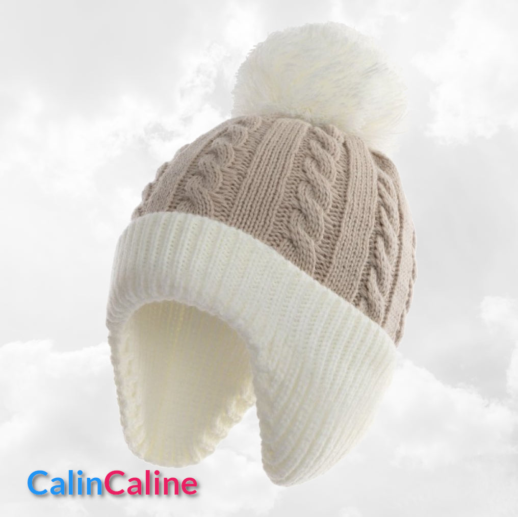 Bonnet Pompon Couvre Oreilles Café | 0 à 12 mois | Avec Prénom Brodé