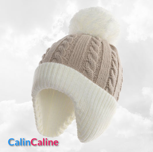 Bonnet Pompon Couvre Oreilles Café | 0 à 12 mois | Avec Prénom Brodé