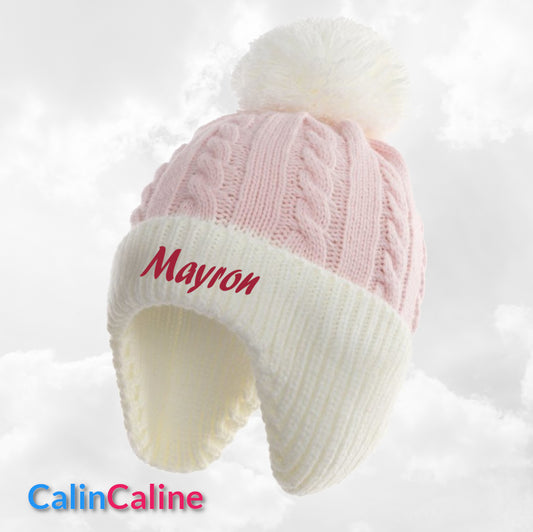 Bonnet Pompon Couvre Oreilles Rose | 0 à 12 mois | Avec Prénom Brodé