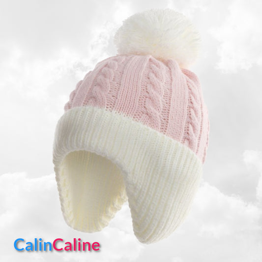 Bonnet Pompon Couvre Oreilles Rose | 0 à 12 mois | Avec Prénom Brodé
