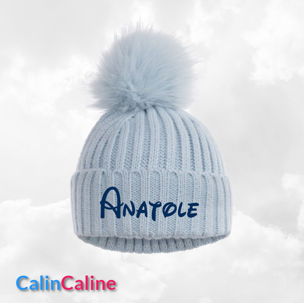 Bonnet Pompon Elégance Bleu | 0 à 12 mois | Avec Prénom Brodé