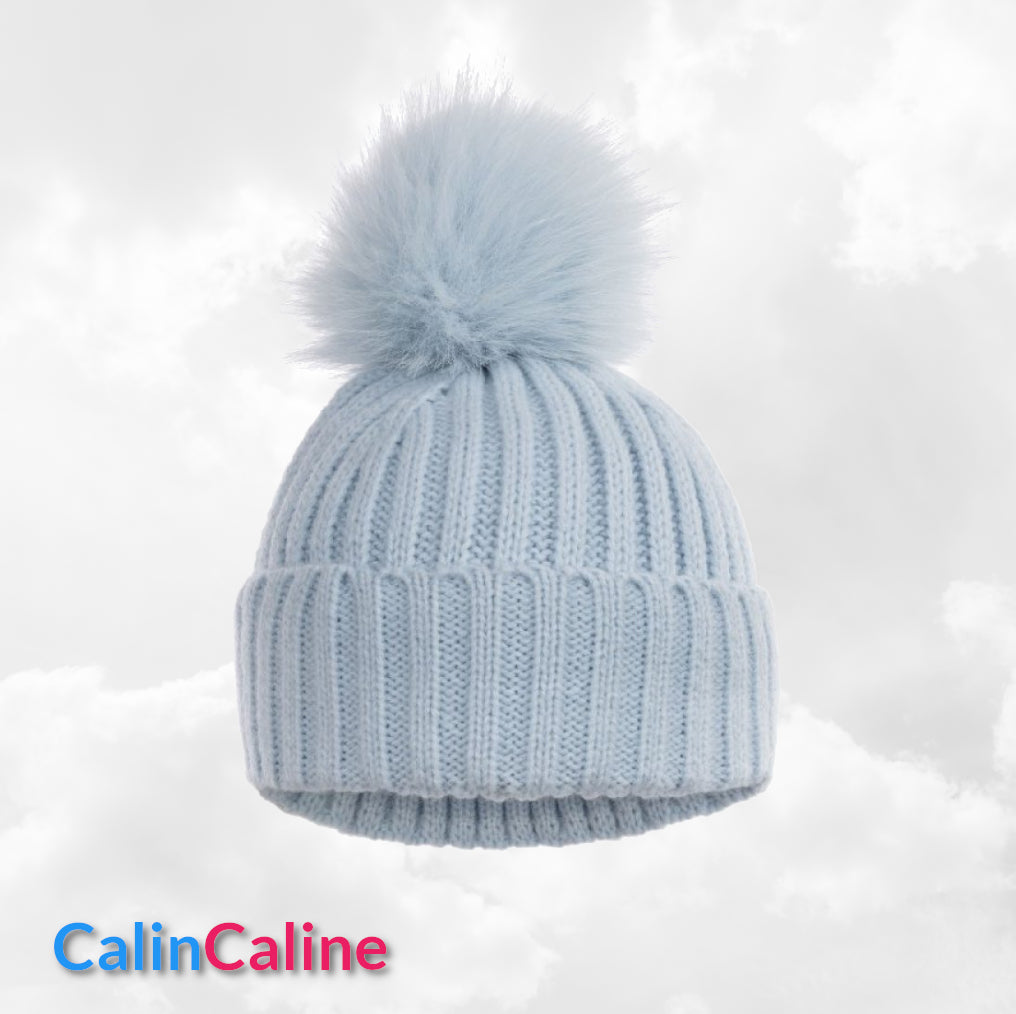 Bonnet Pompon Elégance Bleu | 0 à 12 mois | Avec Prénom Brodé
