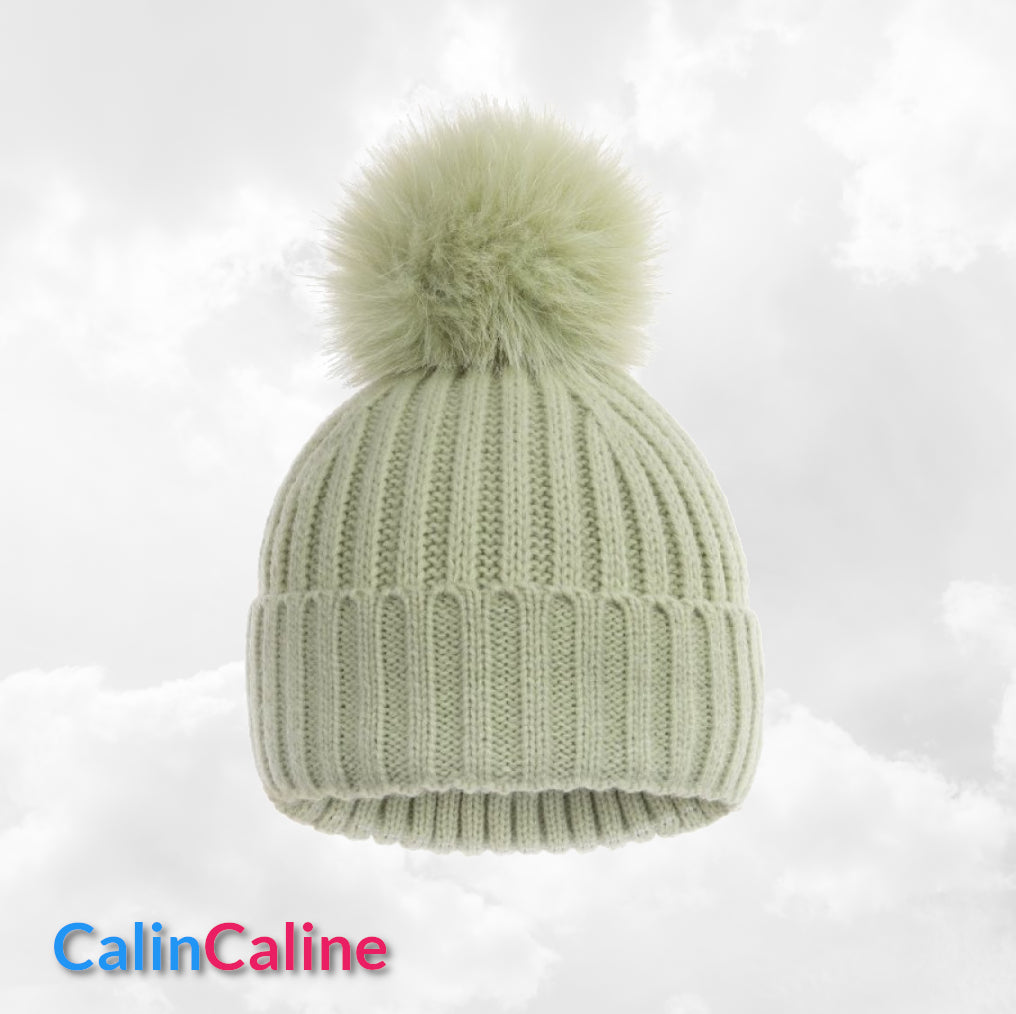 Bonnet Pompon Elégance Vert Sauge | 0 à 12 mois | Avec Prénom Brodé