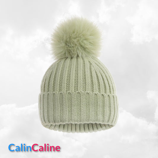Bonnet Pompon Elégance Vert Sauge | 0 à 12 mois | Avec Prénom Brodé