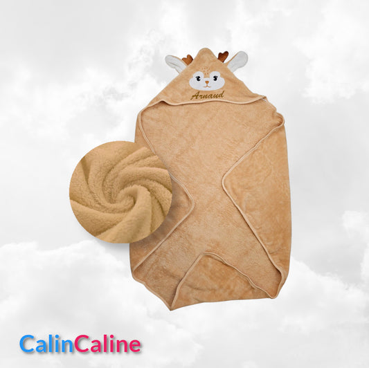 Cape de bain Cerf Camel 0-3 ans | 80cm x 80cm | Prénom Brodé