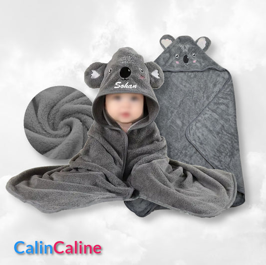 Cape de bain Koala Gris 0-3 ans | 80cm x 80cm | Prénom Brodé