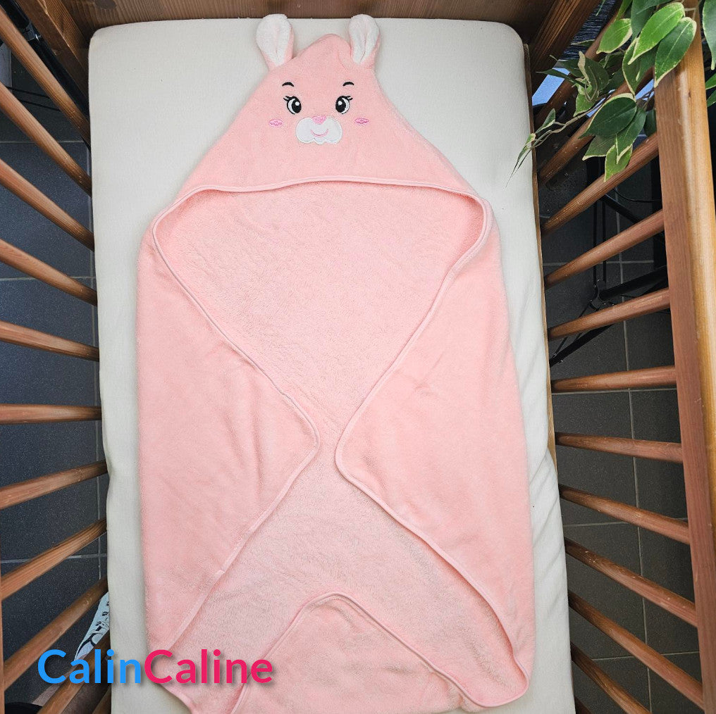 Cape de bain Lapinou Rose 0-3 ans | 80cm x 80cm | Prénom Brodé