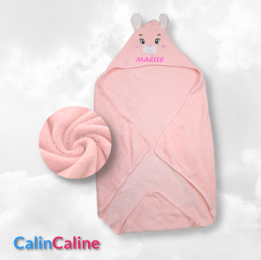 Cape de bain Lapinou Rose 0-3 ans | 80cm x 80cm | Prénom Brodé