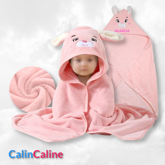 Cape de bain Lapinou Rose 0-3 ans | 80cm x 80cm | Prénom Brodé