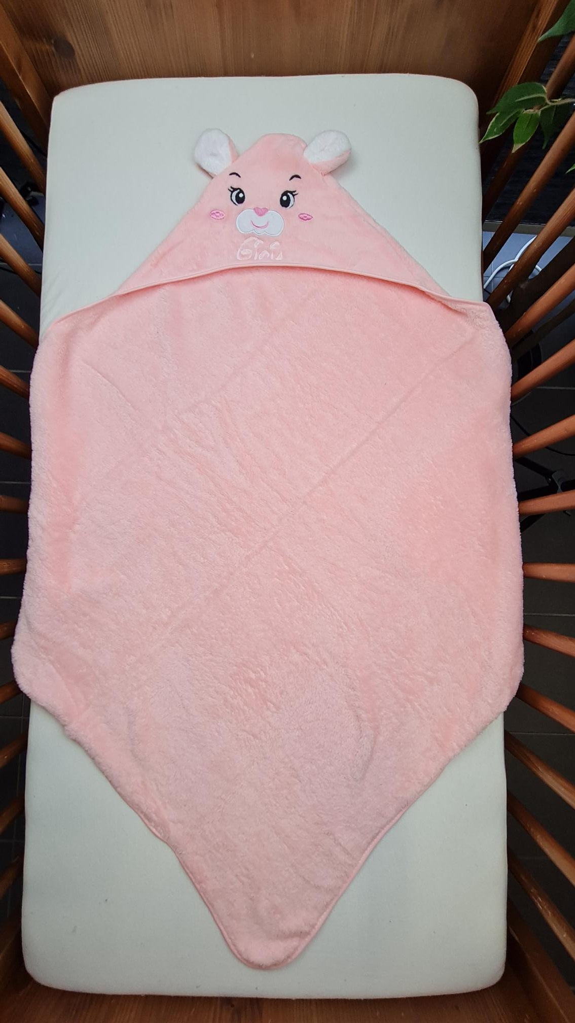 Cape de bain Lapinou Rose 0-3 ans | 80cm x 80cm | Prénom Brodé