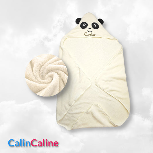 Cape de bain panda Ecru 0-3 ans | 80cm x 80cm | Prénom Brodé