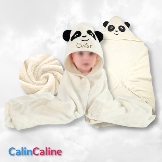 Cape de bain panda Ecru 0-3 ans | 80cm x 80cm | Prénom Brodé