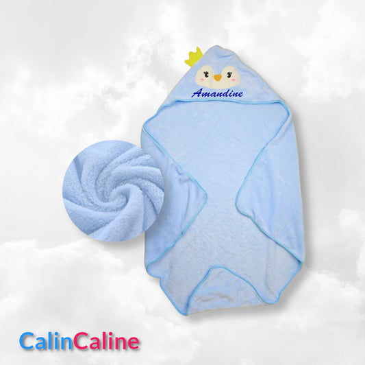 Cape de bain Pingouin Bleu Ciel 0-3 ans | 80cm x 80cm | Prénom Brodé