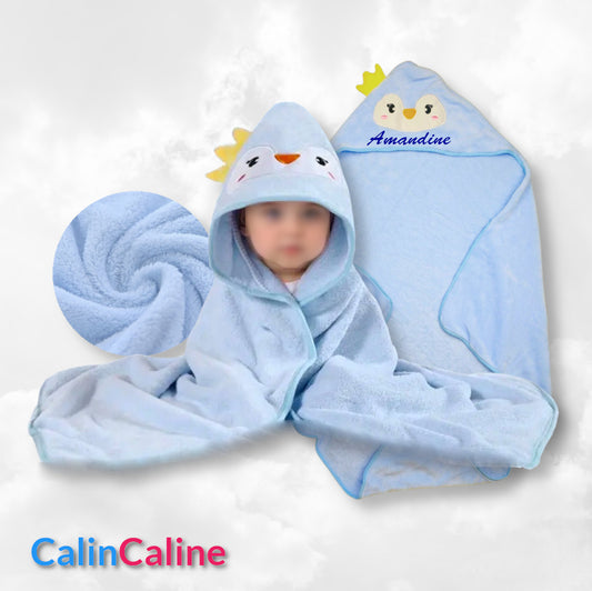 Cape de bain Pingouin Bleu Ciel 0-3 ans | 80cm x 80cm | Prénom Brodé