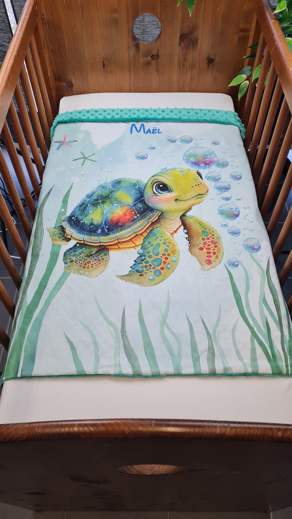 Couverture Plaid Tortue de Mer Garçon | 70cm x 95cm | Couleur minky au choix - Calincaline.be