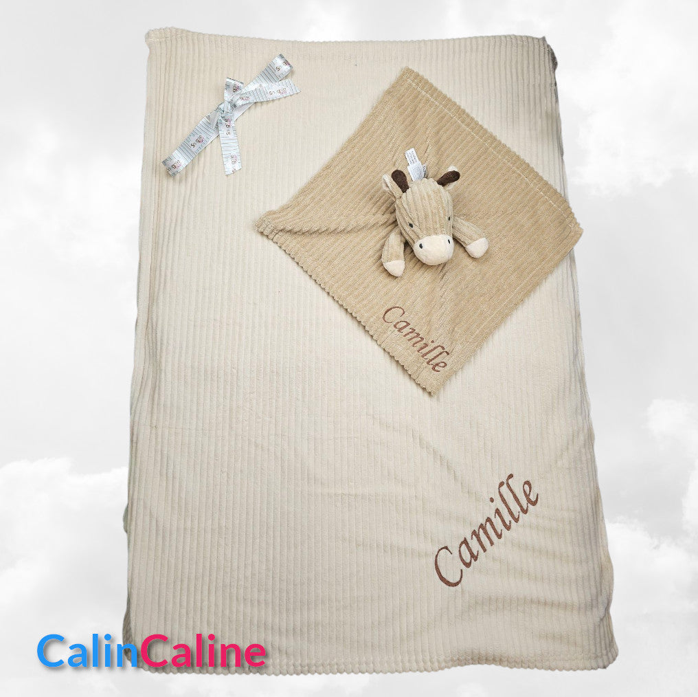 Pack Bébé A Personnaliser | Couverture Eté 75cm x 90cm + Doudou Girafe 35cm | Polyester