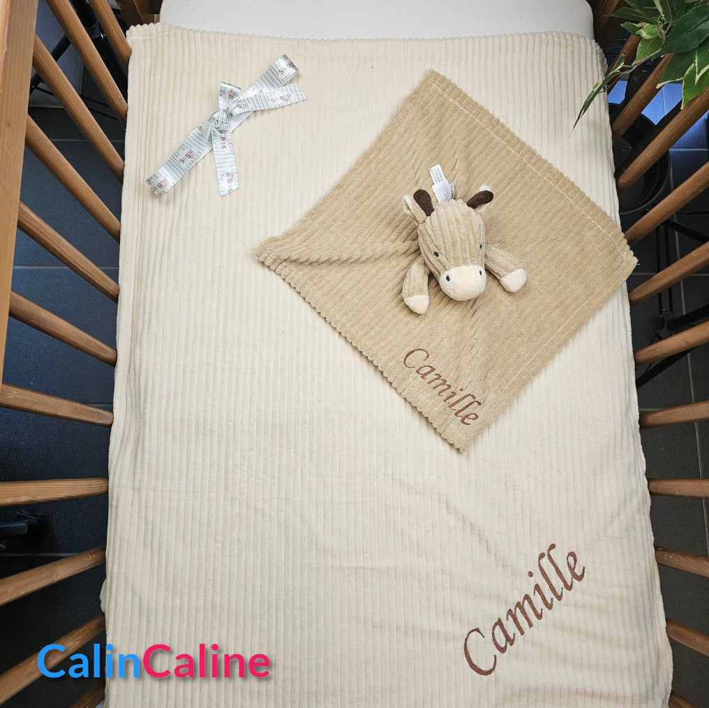 Pack Bébé A Personnaliser | Couverture Eté 75cm x 90cm + Doudou Girafe 35cm | Polyester